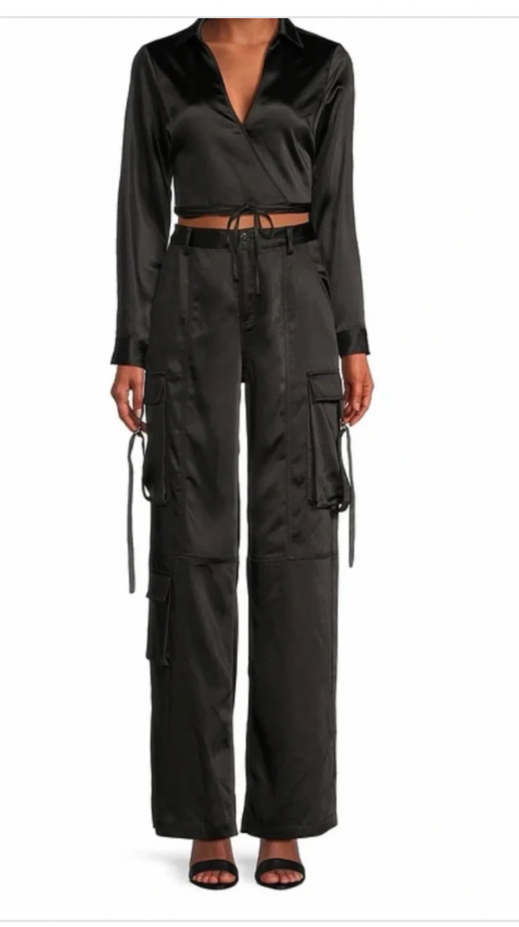 GB GIANNI BINI Satin Wide-Leg Cargo Pants BLACK Womens Size LARGE Silk